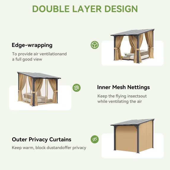 Dateyes 8‘x10’ Wall-Mounted Patio Gazebo with Durable Polycarbonate Roof, Full Bug Screens & Privacy Panels