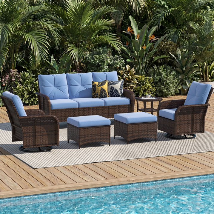 Sunmthink 6-Piece Patio Furniture Set, High Back Swivel Rocker Chairs with Thick Cushions, Wicker Rattan Outdoor Sectional Sofa with Ottoman, Blue