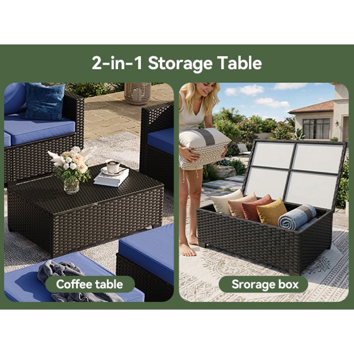 6 Piece Outdoor Wicker Patio Furniture Set, Rattan Sectional Sofa Sets with Navy Blue Cushions