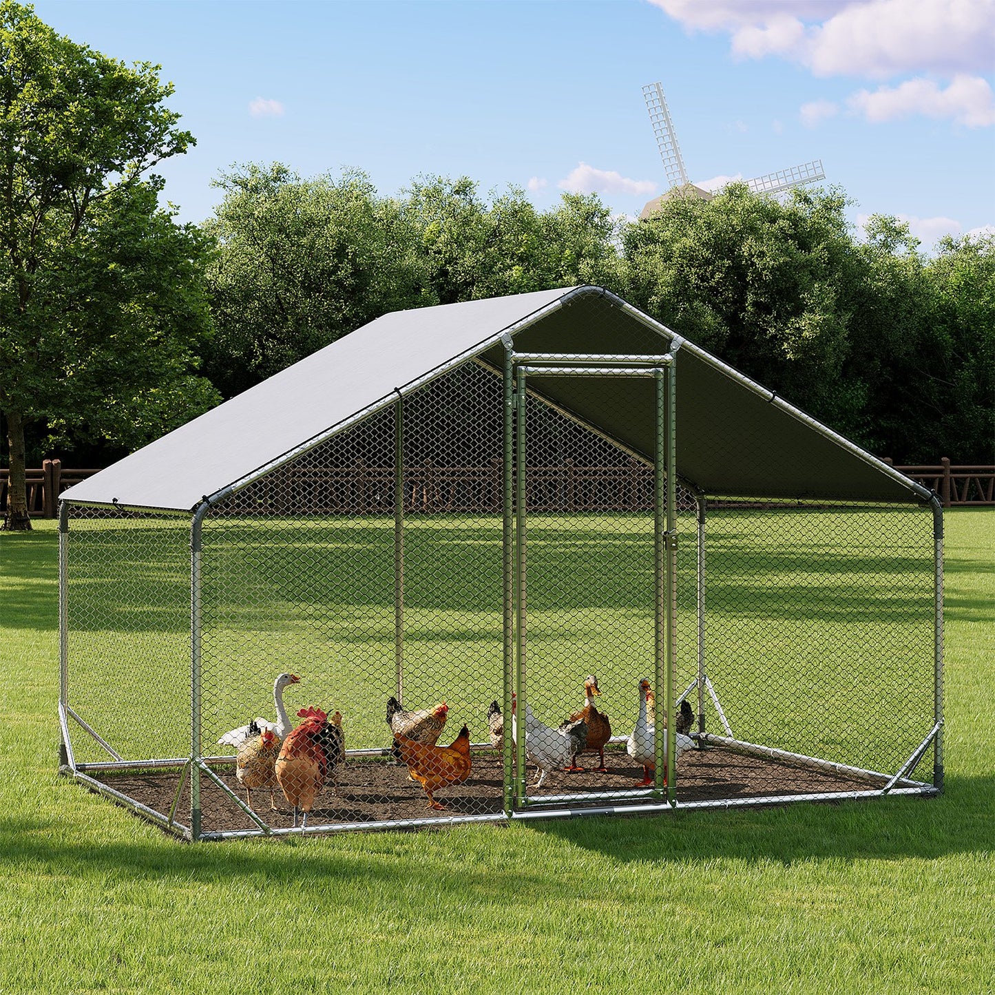 Clouddwell Large Metal Chicken Coop Duck House with Waterproof Spire Roof, Outdoor Poultry Walk-in Run Cage - 9.8' L x6.6' W x 6.4' H