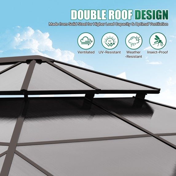 Clouddwell 10'x14' Hardtop Gazebo - Polycarbonate Double Roof with Netting & Curtains for Patio, Garden Sun Protection,Brown