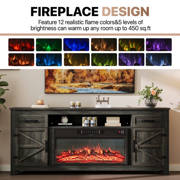 Sonegra 80" Fireplace TV Stand, Entertainment Center for TVs Up to 90”, TV Console with Storage Cabinets, Media Console for Living Room, White TV Stand and Black Fireplace, Gray