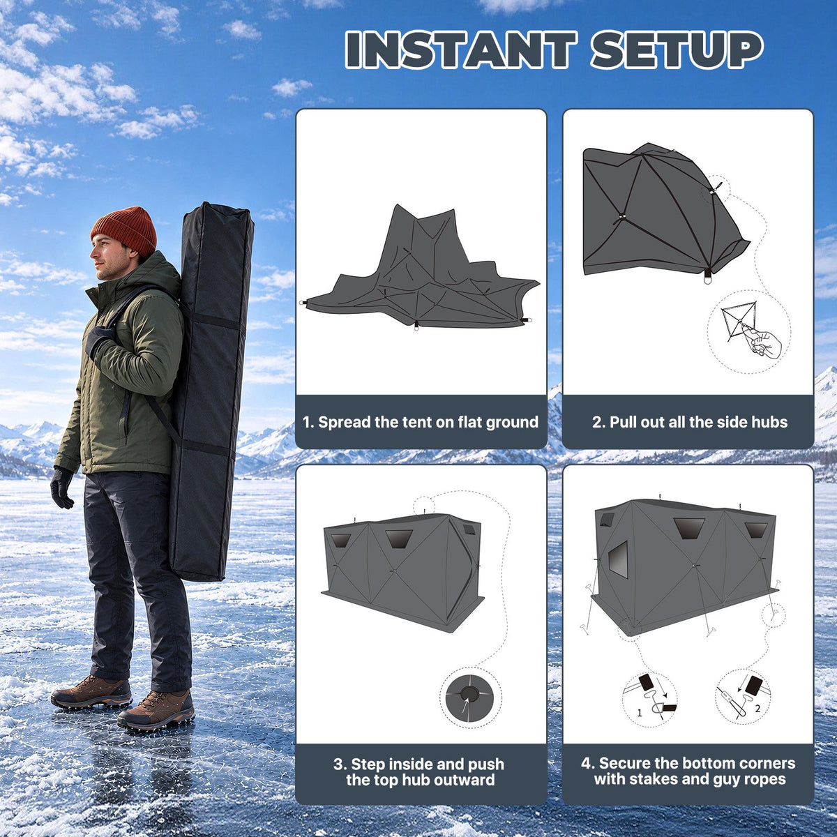 Dateyes Pop Up Ice Fishing Shelter, Insulated Ice Fishing Tent for 6-8 People, 210D Insulated Fabric, 150"x70"x78" 73 sq.ft Fishing Area, Red