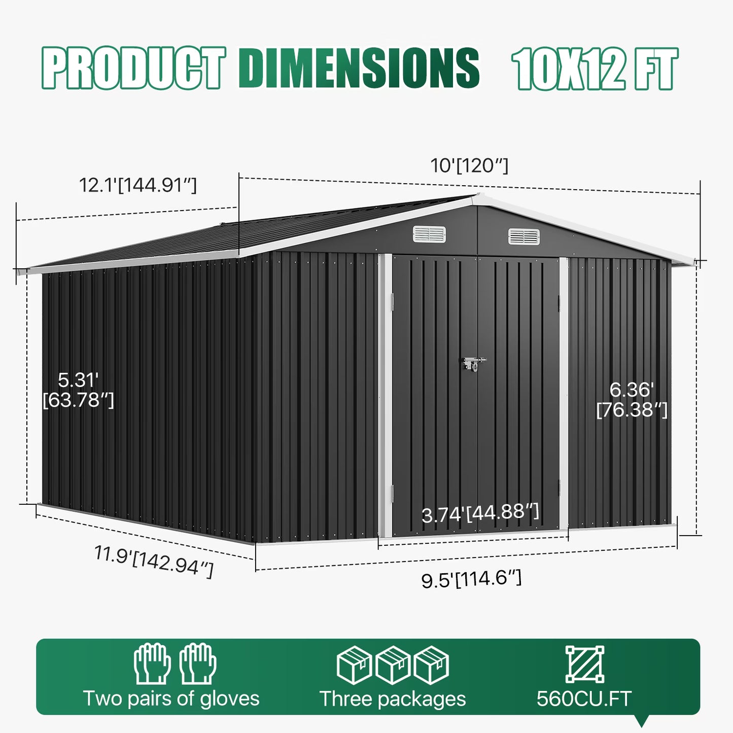 Clouddwell 10x12 ft. Metal Storage Shed, Waterproof Steel Garden Shed with Lock, Black