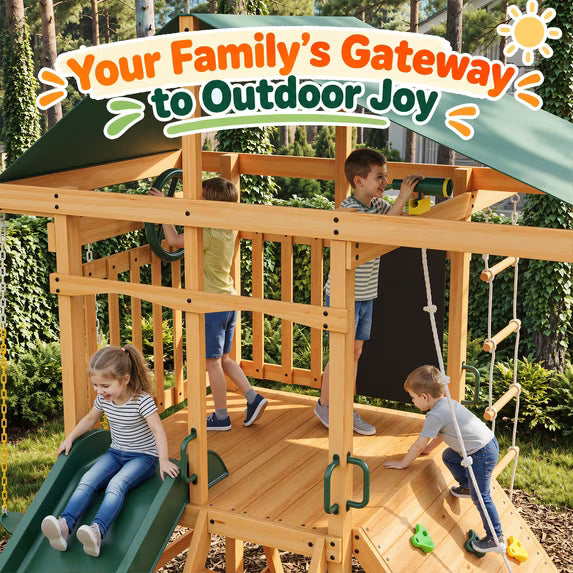 Clouddwell Wooden Backyard Swing Set, Outdoor Playset for Children Wave Slide, Double Rock Wall, Rope Ladder, Web Swing, Belt Swings, Toy Telescope, Steering Wheel