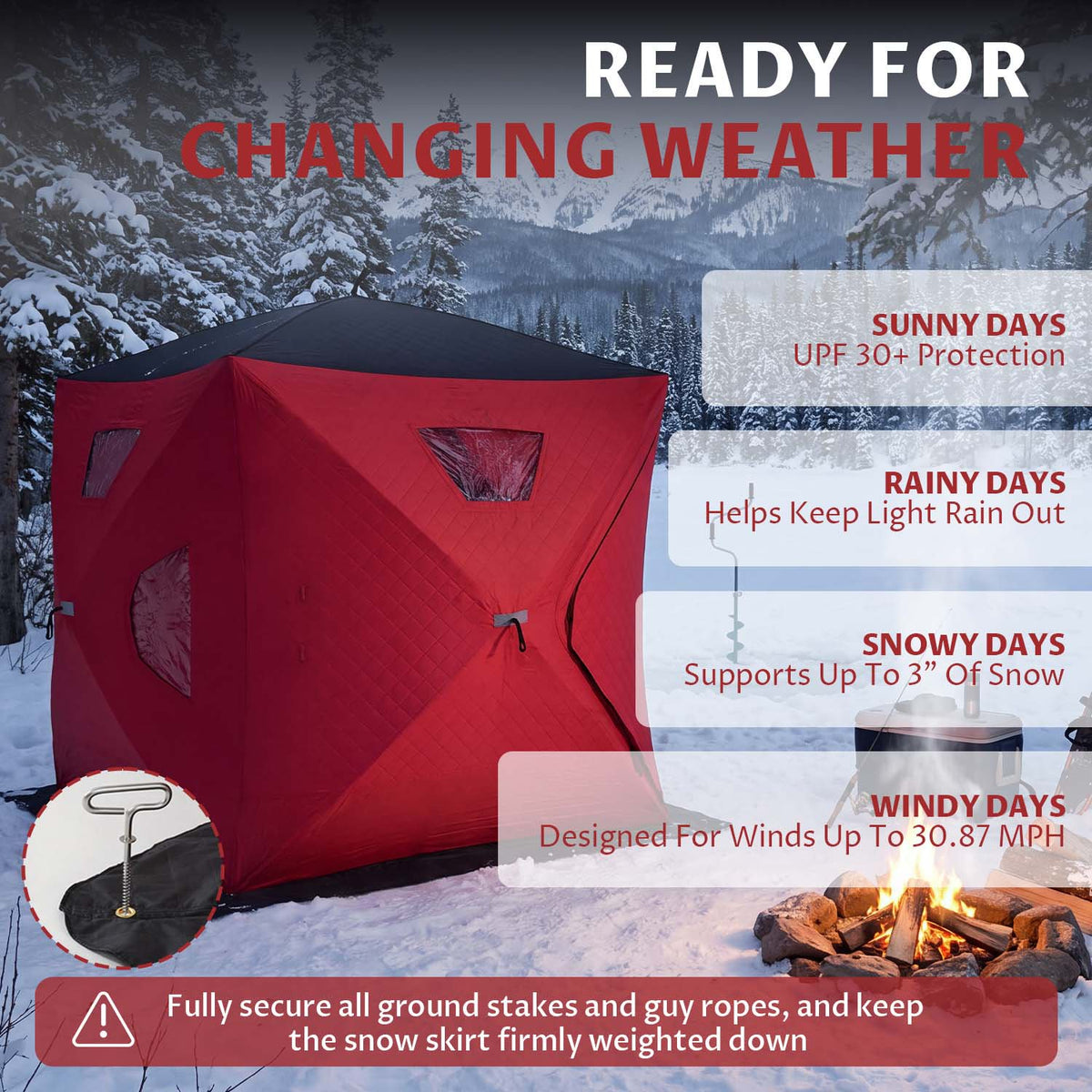 Dateyes Pop Up Ice Fishing Shelter, Insulated Ice Fishing Tent for 1-2 People, 420D Insulated Fabric, 60"x60"x65" 24 sq.ft Fishing Area, Red