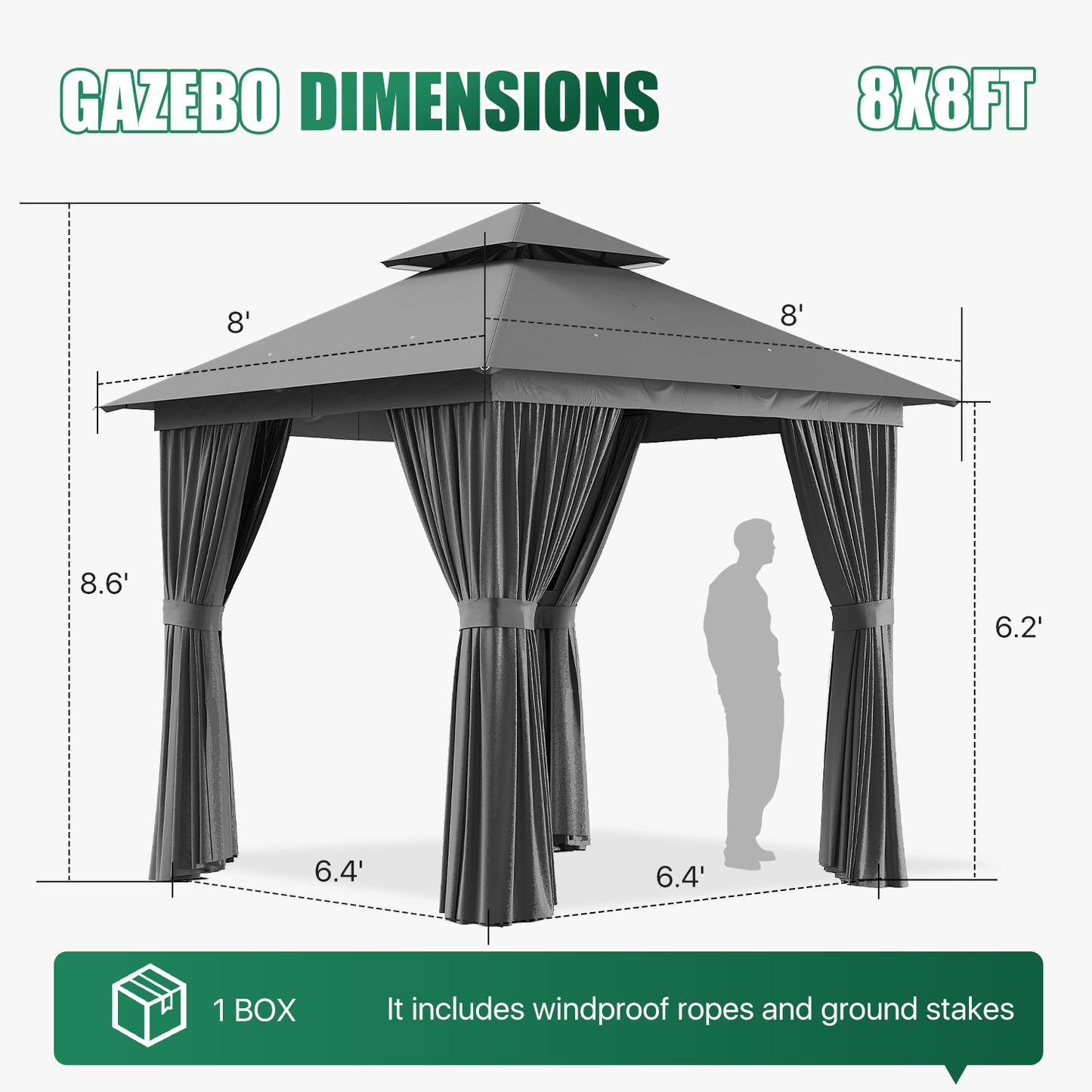 Clouddwell 8'x 8' Patio Gazebo Double Roof Protection All-Weather Outdoor Shelter Features Insect Screens & Privacy Curtains Ideal for Backyard, Lawn, (Gray)