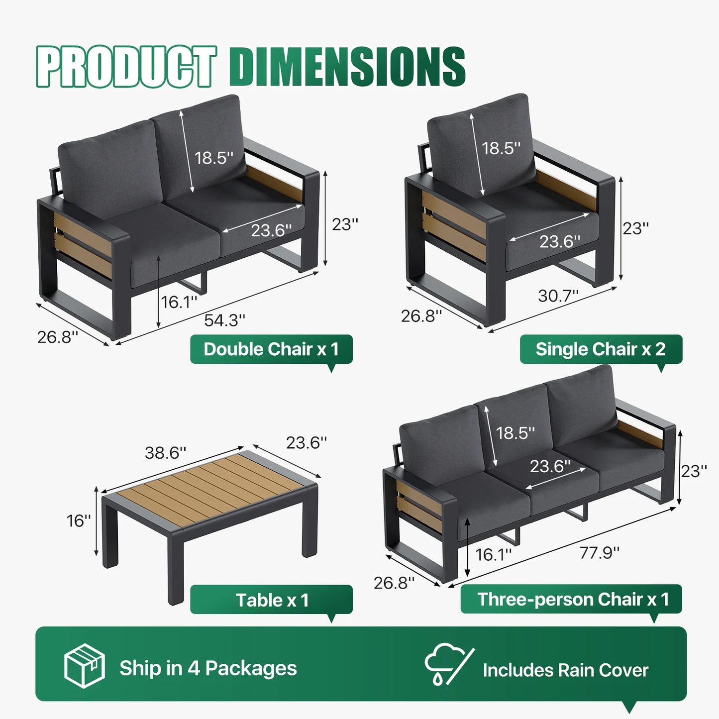 7-Seats Aluminum Patio Furniture Set, Outdoor Metal Sofa Conversation Set with Coffee Table for Pool Garden Porch Backyard, Dark Gray
