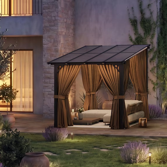 Dateyes 8‘x10’ Wall-Mounted Patio Gazebo with Durable Polycarbonate Roof, Full Bug Screens & Privacy Panels