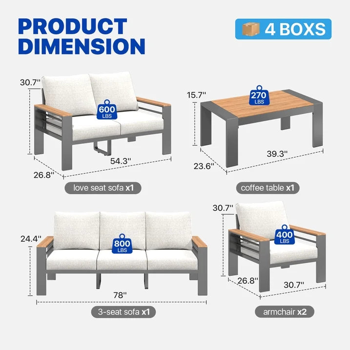 7-Seats Outdoor Patio Sectional Set with Coffee Table & Cushions - Aluminum Furniture for Terrace/Garden/Poolside (Gray)