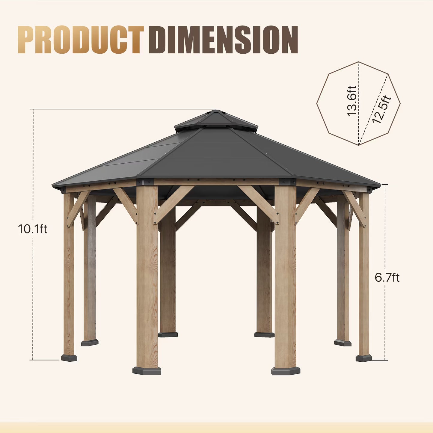 Clouddwell 13' x 13' Octagonal Wood Gazebo with Hardtop Roof, Outdoor Patio Gazebo Pavilion for Backyard, Garden, Deck & Poolside