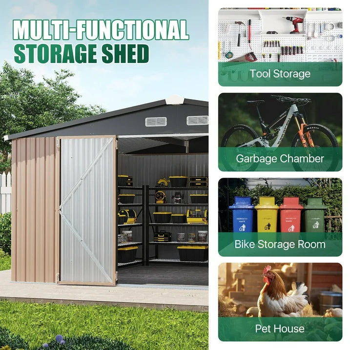 Clouddwell 12x10 ft. Metal Storage Shed, Waterproof Steel Garden Shed with Lock, Brown