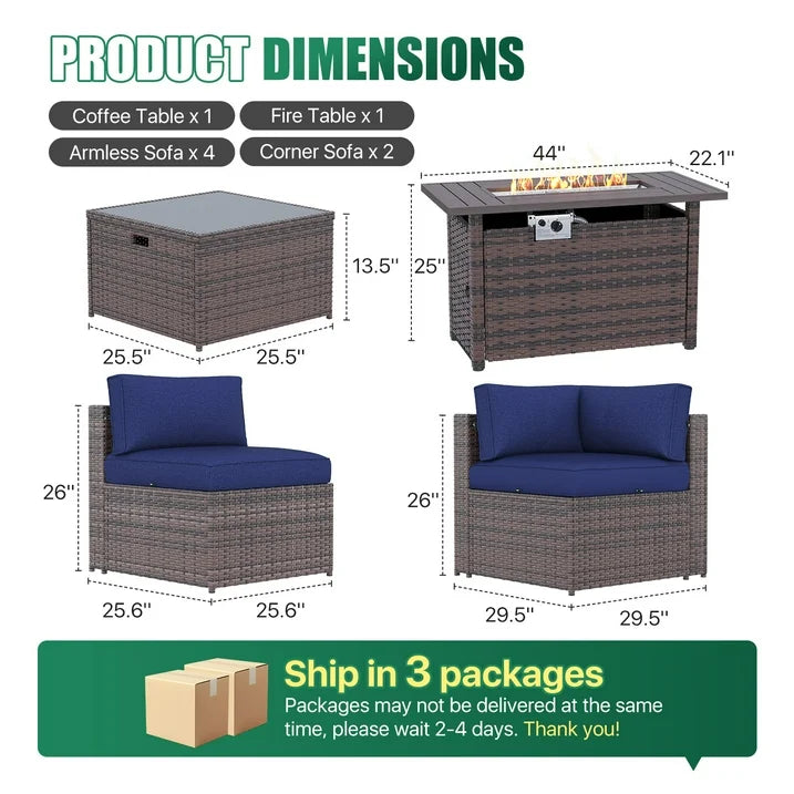 Clouddwell 8 Piece Patio Furniture Set with 44” Fire Pit Table Wicker Rattan Patio Conversation Set Outdoor Sectional Sofa Set with Coffee Table and Blue Cushions(Waterproof Cover Included)