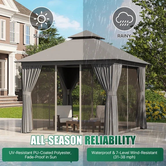 Clouddwell 10'x 10' Patio Gazebo Double Roof Protection All-Weather Outdoor Shelter Features Insect Screens & Privacy Curtains Ideal for Backyard, Lawn, (Gray)