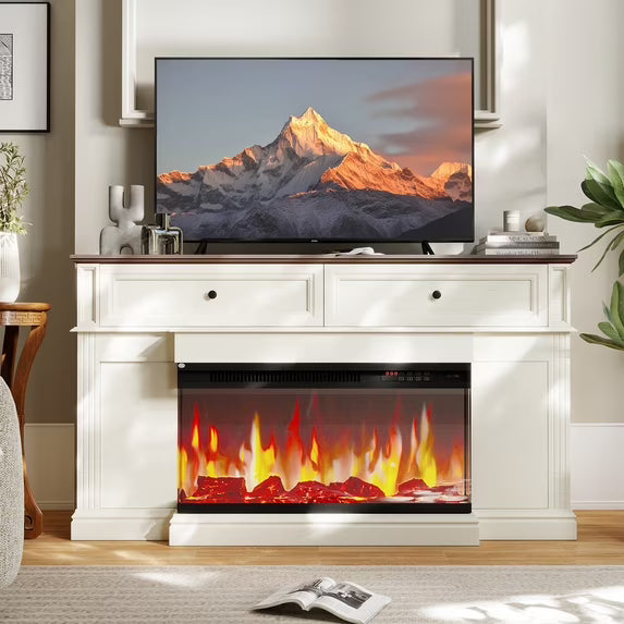 Sonegra Fireplace TV Stand for TVs up to 70" with 36" Fireplace, Farmhouse Entertainment Center with Fireplace, Wooden Media Console for Living Room, White