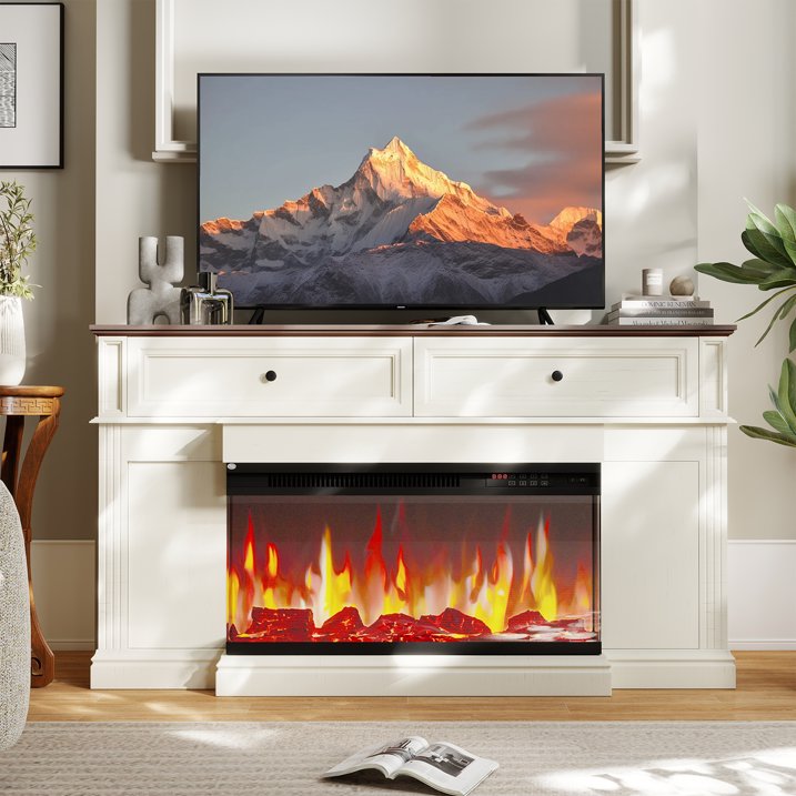 Sonegra Fireplace TV Stand for TVs up to 70" with 36" Fireplace, Farmhouse Entertainment Center with Fireplace, Wooden Media Console for Living Room, White