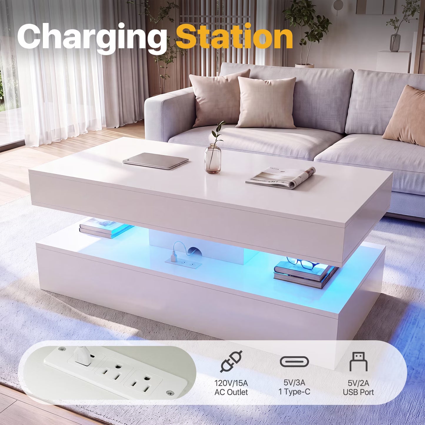 Sonegra 47" High-Glossy LED Lift Top Coffee Table with 2 Sliding Drawers, Large Open Storage Space & Ambient LED Lighting, Modern Double-Layer Livingroom Table, White