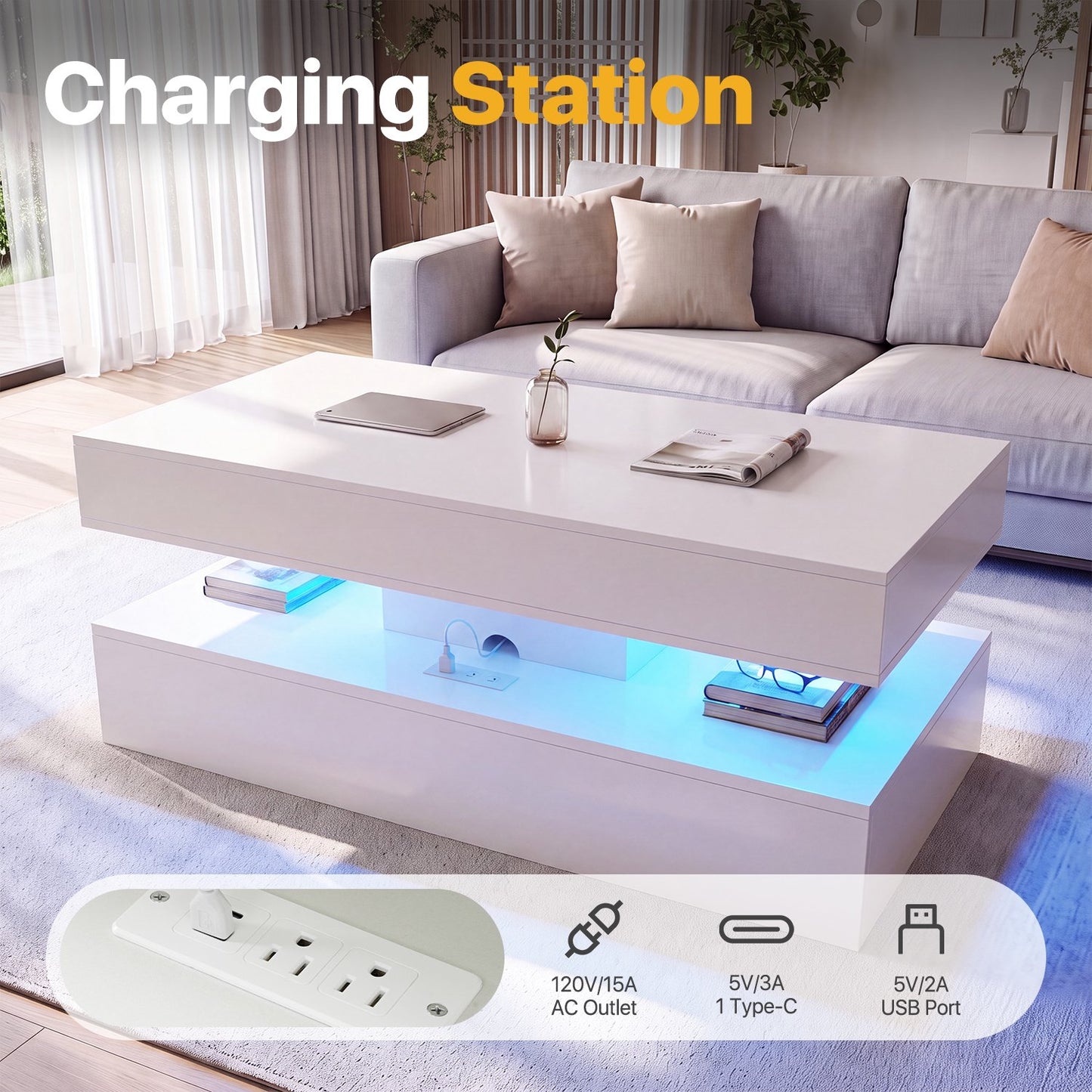Sonegra 47" High-Glossy LED Lift Top Coffee Table with 2 Sliding Drawers, Large Open Storage Space & Ambient LED Lighting, Modern Double-Layer Livingroom Table, White