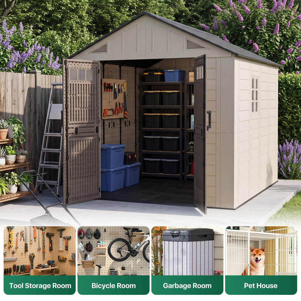 Clouddwell 8x10 FT Outdoor Storage Shed with Floor, HDPE Resin Garden Storage House with Double Doors, Windows & Ventilation, Heavy Duty Backyard Tool Shed for Lawn Equipment and Garden Supplies