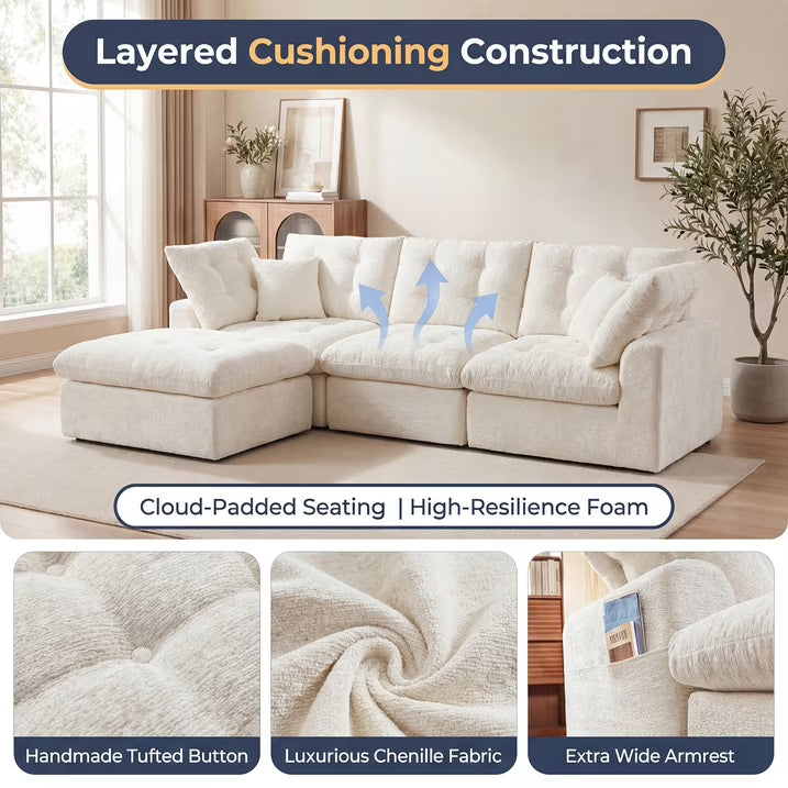 LazySunsets 112" Oversized Modular Sectional L Shaped Sofa, Wide & Deep Seat Boneless Cloud Couch With Multi-Purpose Round Pillow, No Assembly (White)