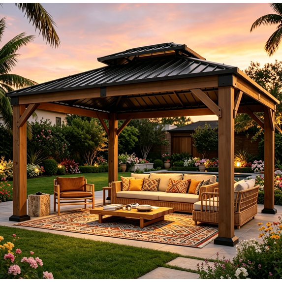 Sumnthink 10' x 12' Cedar Wood Gazebo with Double Roof, Hardtop Metal Roof Outdoor Patio Gazebo Canopy for Backyard, Deck, Lawn & Garden