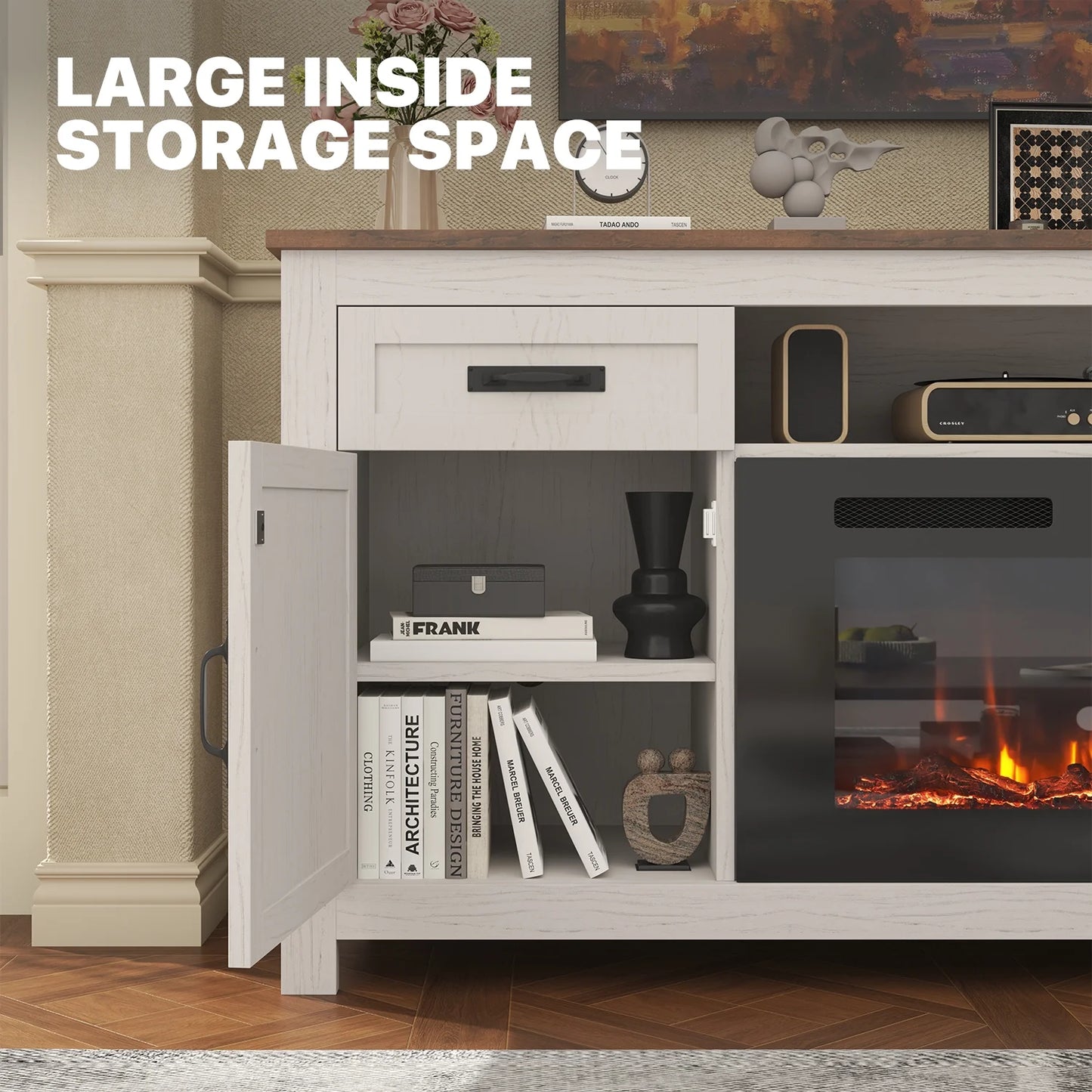 Sonegra Fireplace TV Stand with Barn Door for TVs up to 80", Farmhouse 70" Fireplace Entertainment Center, TV Console with Storage Cabinets for Living Room, White