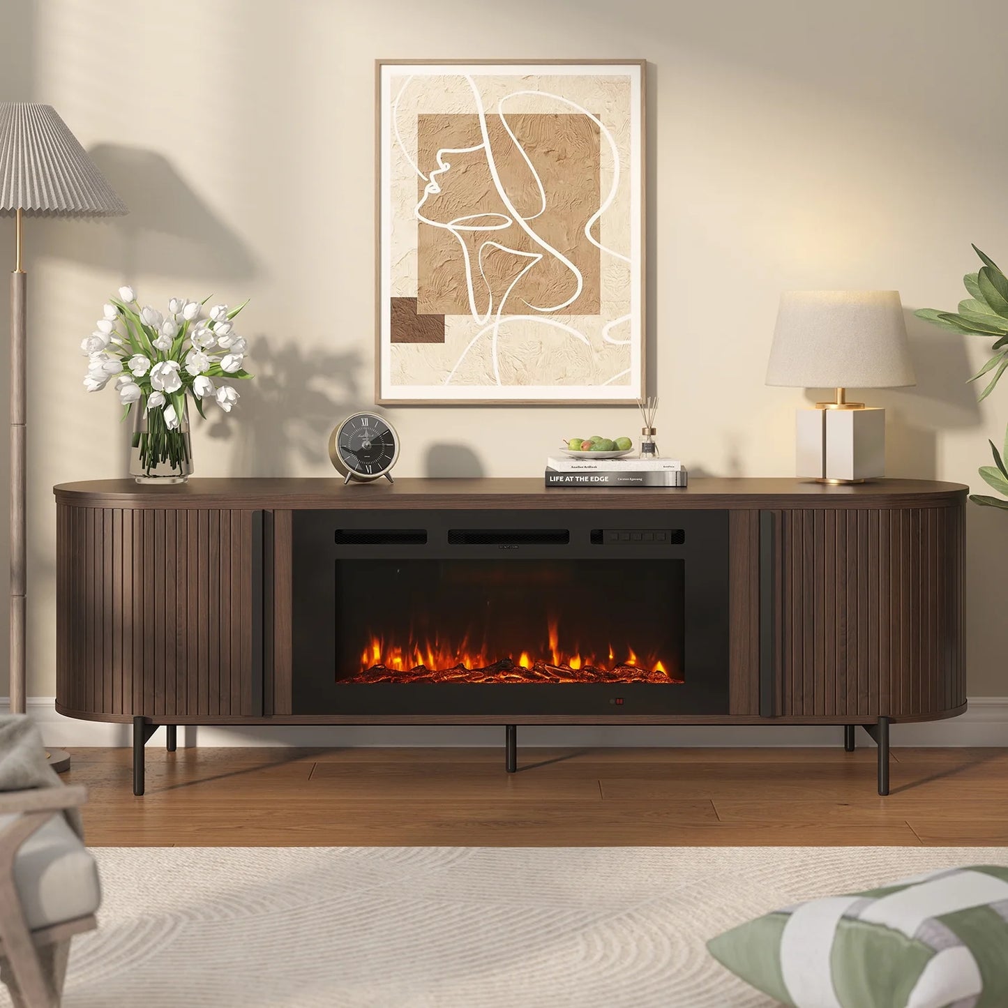 Sonegra 70" Fireplace TV Stand, Modern Entertainment Center for TVs Up to 80", TV Console Table for Living Room, Media Cabinet with Storage,70 Inch, Brown