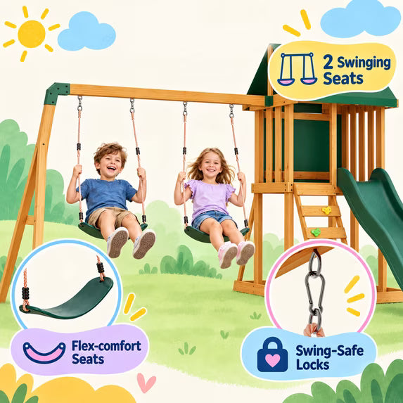 Clouddwell Backyard Wooden Swing Set – Outdoor Playground with Slide, Play Deck, Rock Wall Ladder, Belt Swings & Chalkboard