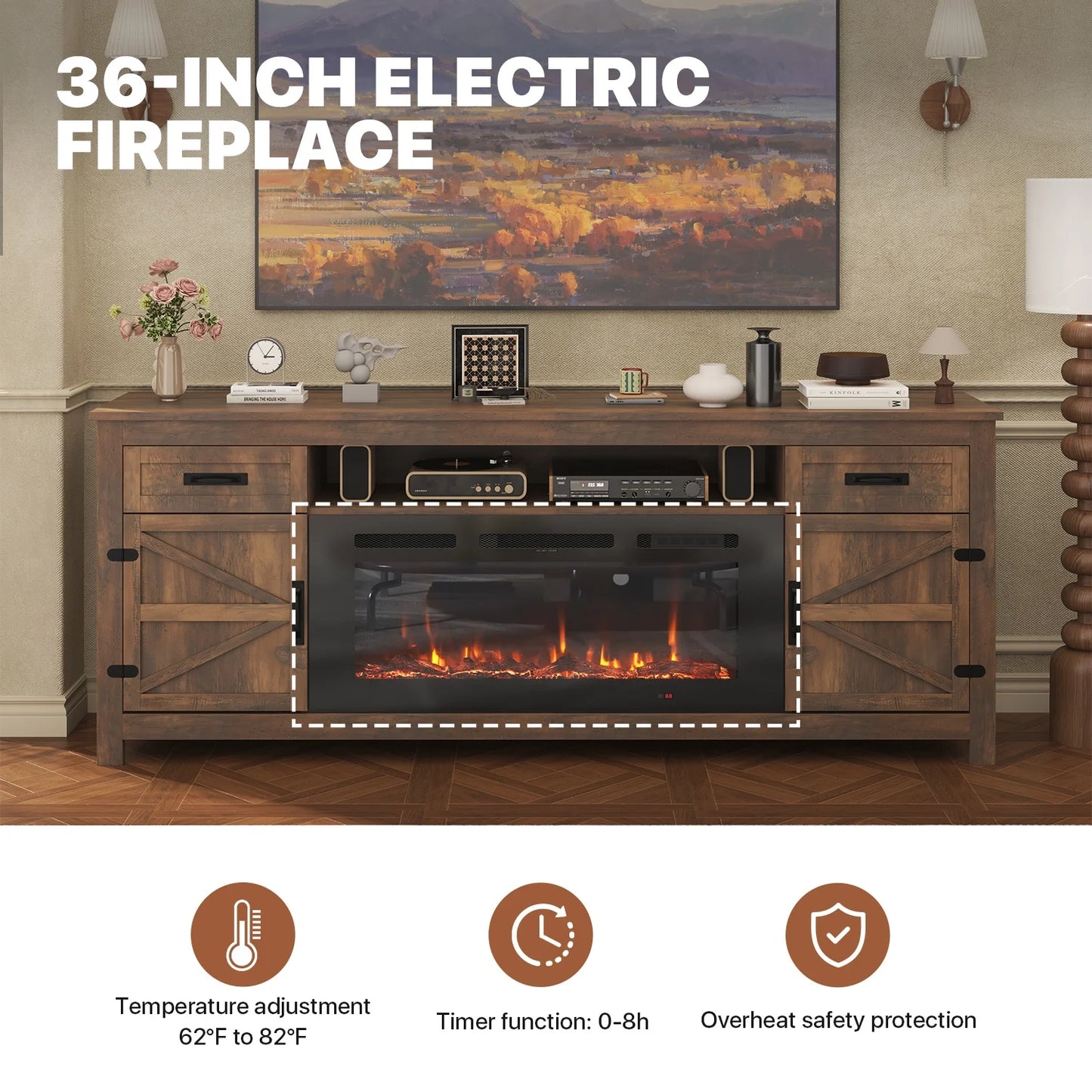 Sonegra Fireplace TV Stand with Barn Door for TVs up to 80", Farmhouse 70" Fireplace Entertainment Center, TV Console with Storage Cabinets for Living Room, Brown