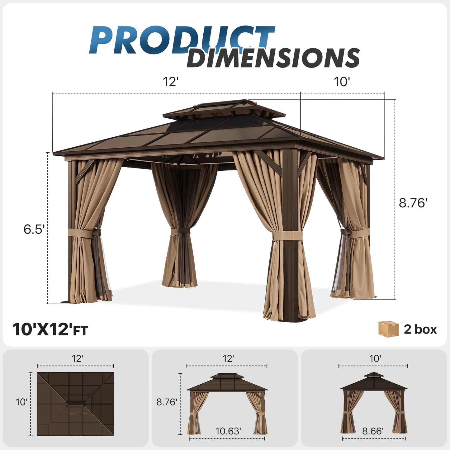 Sunmthink 10' x 12'Hardtop Gazebo,Polycarbonate Double Roof,Aluminum Frame with Curtains and Netting for Patio,Garden,Brown