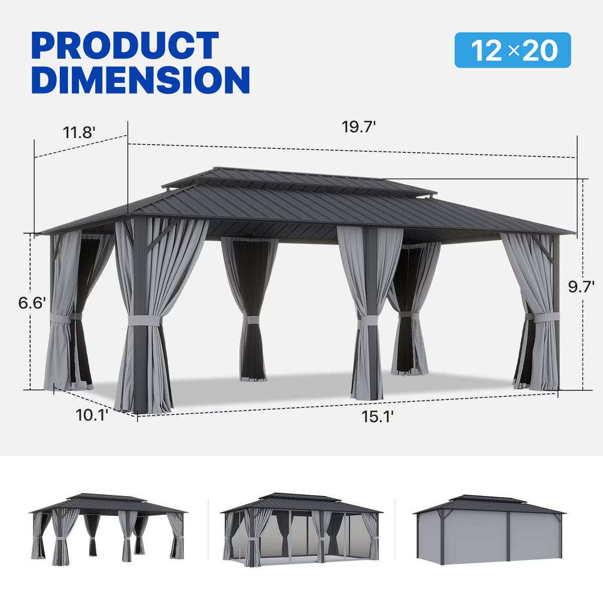 Dateyes 12' x 20' Hardtop Gazebo with Double Roof, Outdoor Gazebo for Patio, Lawn and Garden, Includes Netting and Curtains, Gray