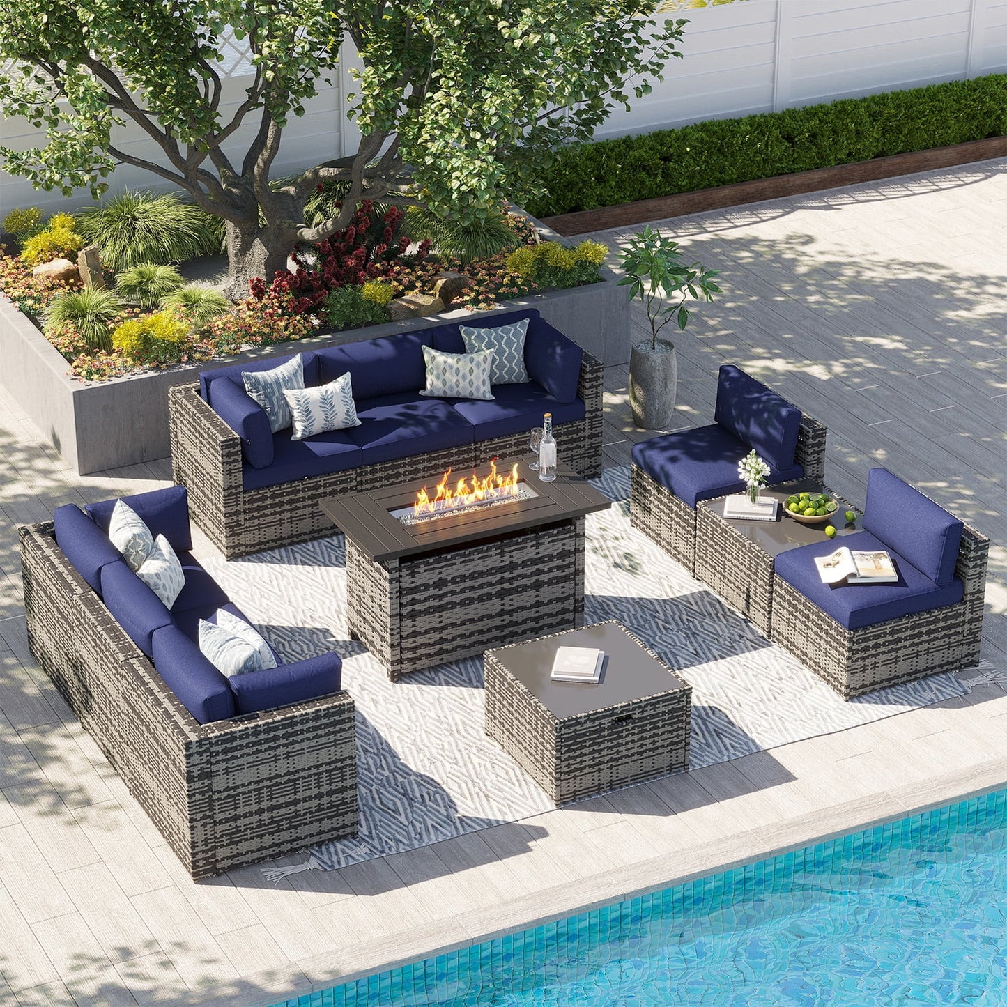 Clouddwell 11 Piece Patio Furniture Set with 44” Fire Pit Table Wicker Rattan Patio Conversation Set Outdoor Sectional Sofa Set with Coffee Table and Blue Cushions