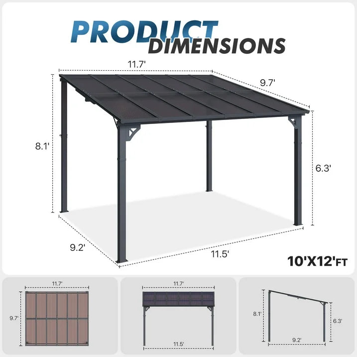 Sumnthink 10'x12' Gazebo for Patio, Gazebo Pergola with Sloped Roof, Large Wall-Mounted Heavy Duty Awnings, for Patio, Deck and Backyard