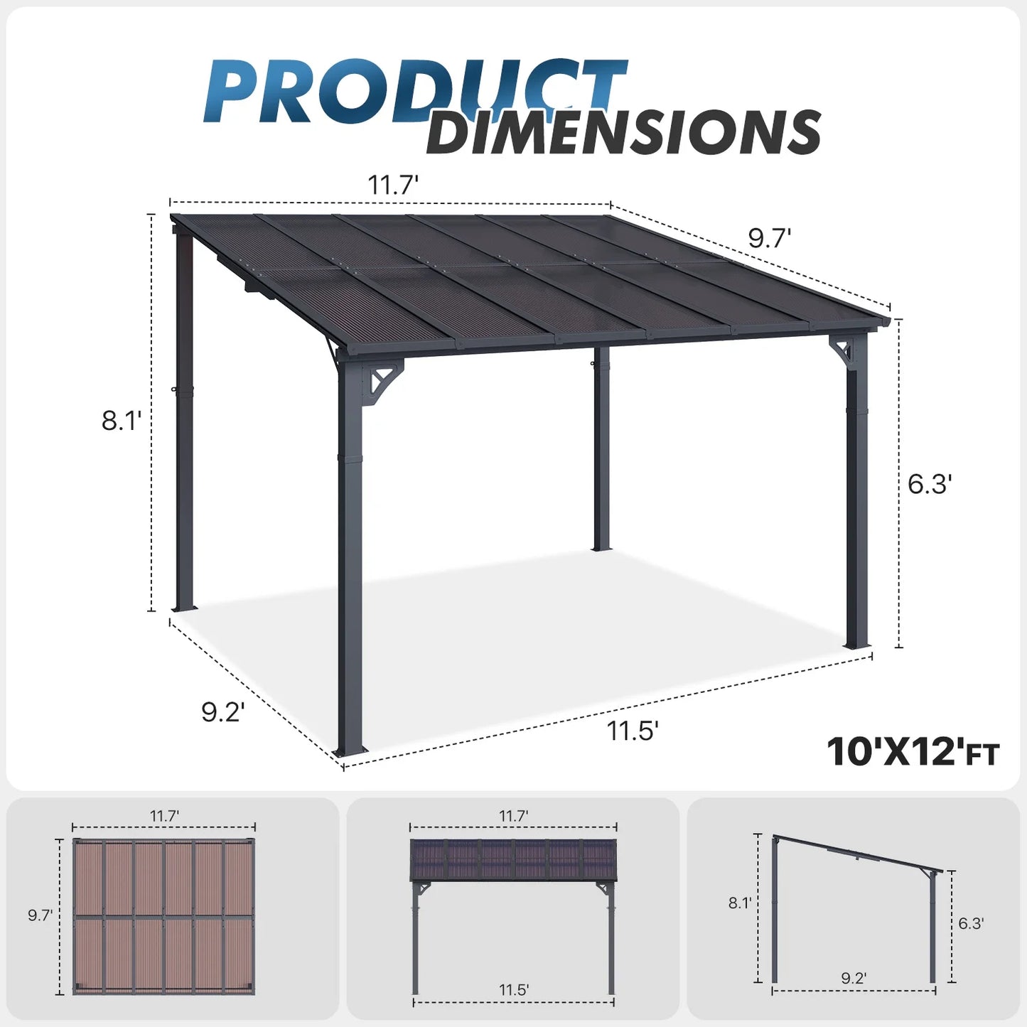 Sumnthink 10'x12' Hardtop Gazebo, Gazebo Pergola with Sloped Roof, Large Wall-Mounted Heavy Duty Awnings, for Patio, Deck and Backyard