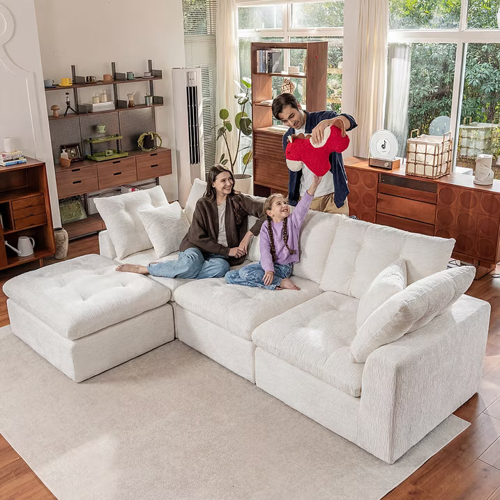 Sonegra 112" Oversized Modular Sectional L Shaped Sofa, Wide & Deep Seat Boneless Cloud Couch With Multi-Purpose Round Pillow, No Assembly (White)