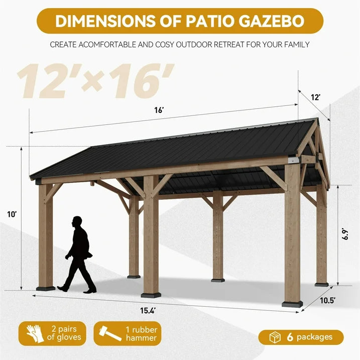 Sunmthink 12' x 16' Outdoor Wood Frame Gazebo, Hardtop Gazebo with Galvanized Steel, Permanent Wooden Pavilion for Patio Backyard Lawn Garden