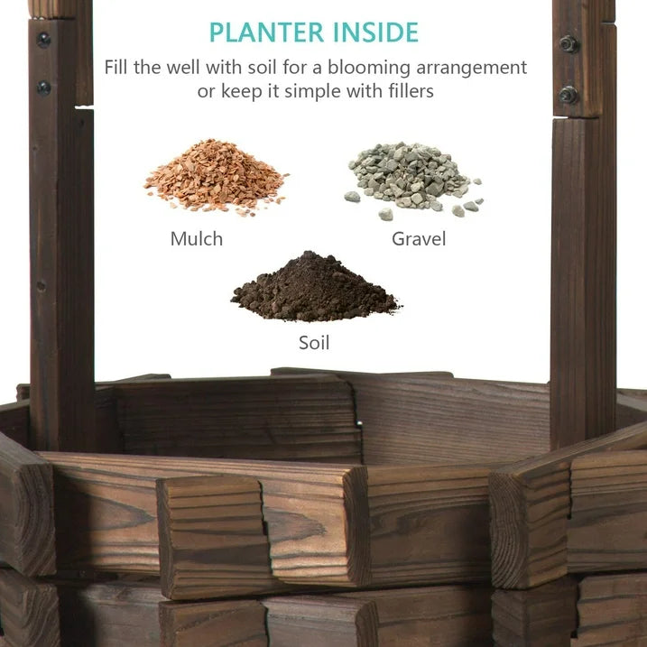 Sunmthink Wood Wishing Well Planter with Hanging Bucket for Flower and Plants, Brown