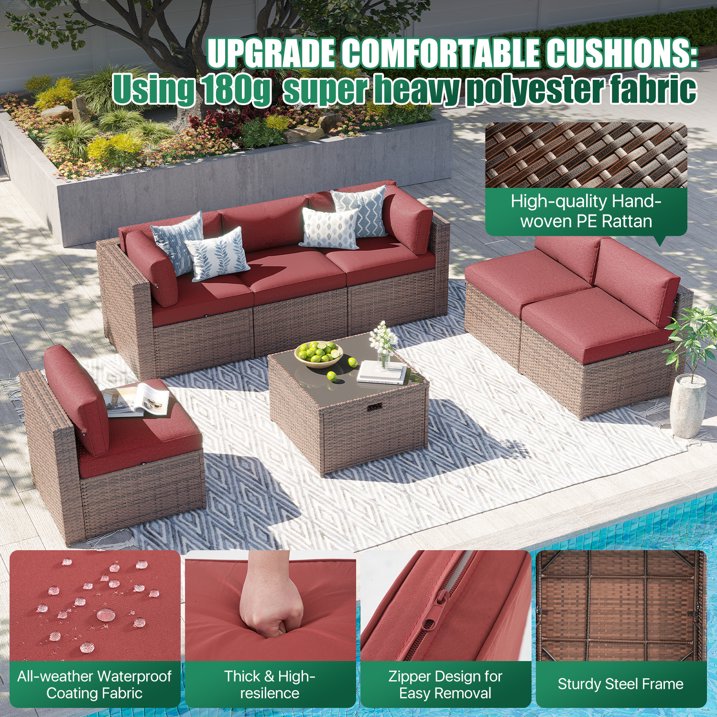 Clouddwell 7 Piece Patio Furniture Set Wicker Rattan Patio Conversation Set Outdoor Sectional Sofa Set with Coffee Table and Black Cushions(Waterproof Cover Included)