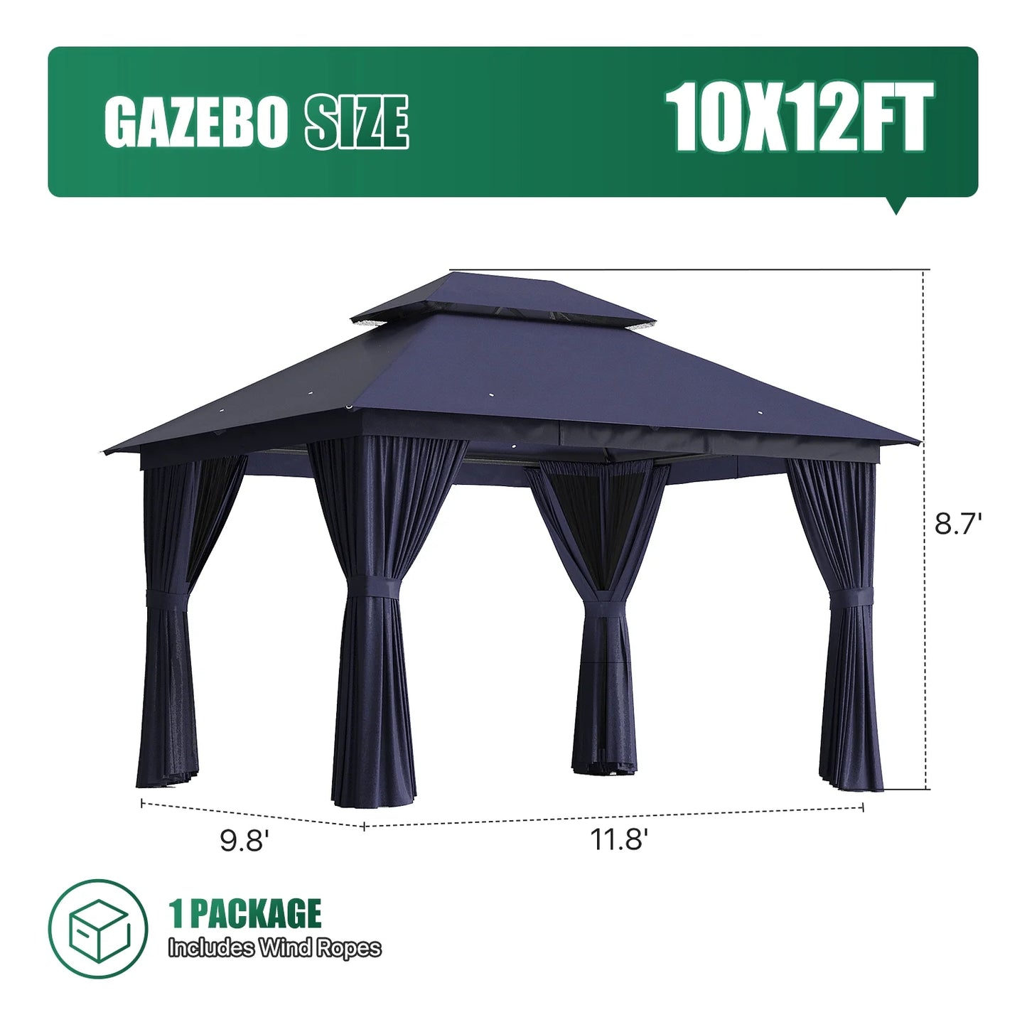 Clouddwell 10'x 12' Patio Gazebo Double Roof Protection All-Weather Outdoor Shelter Features Insect Screens & Privacy Curtains Ideal for Backyard, Lawn, (Blue)