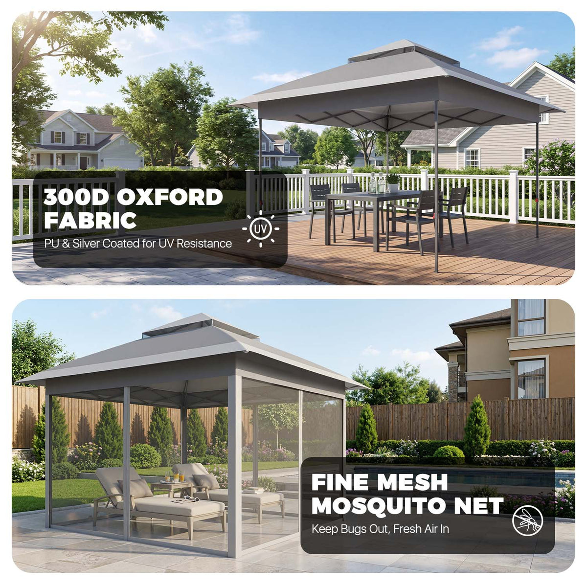 Dateyes 12x12 FT Pop Up Gazebo, Outdoor Gazebo Canopy with Mosquito Netting, 3 Adjustable Heights, Portable Patio Gazebo Tent for Backyard, Patio, Gray