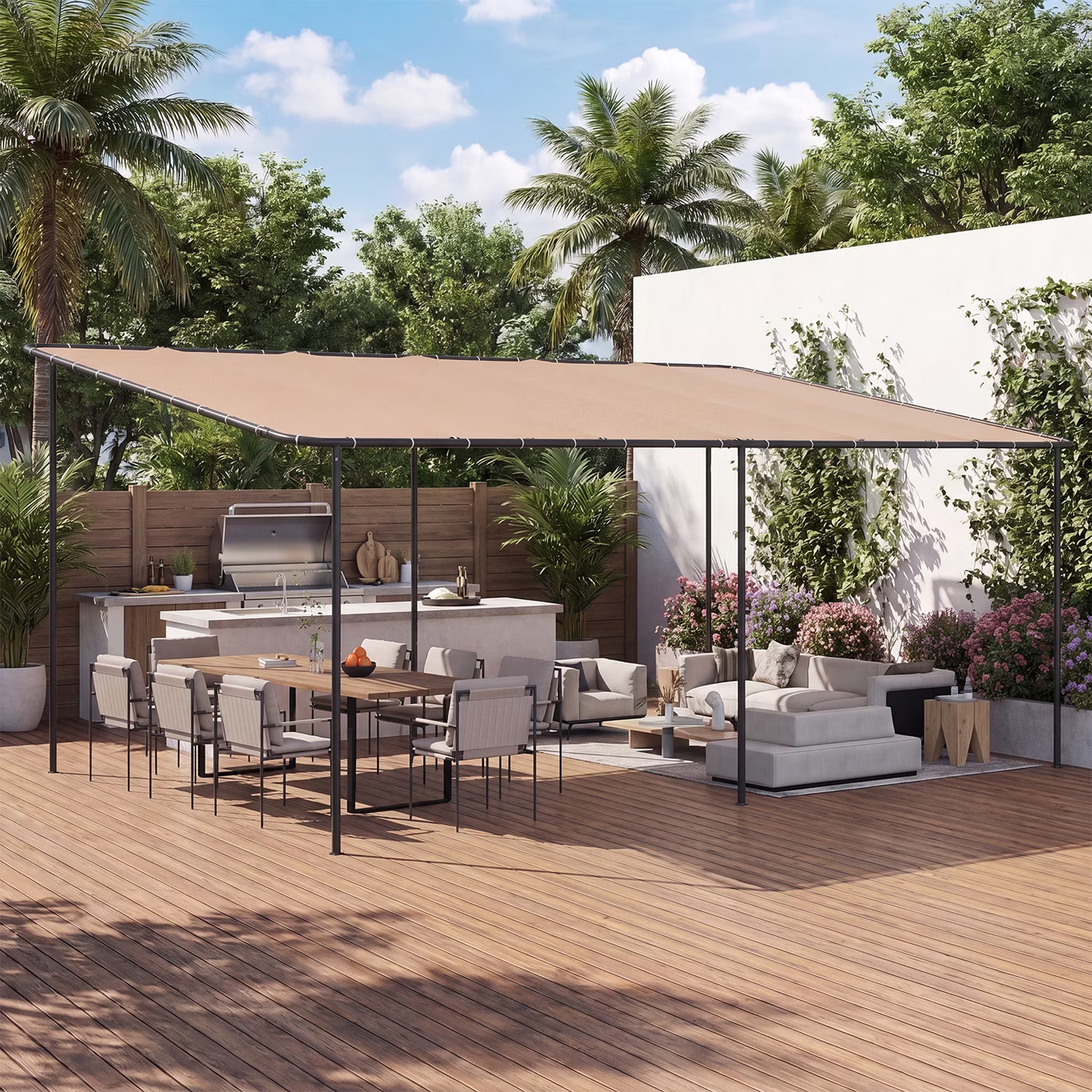 Clouddwell 12×20 FT Wall-Mounted Sloped Roof Outdoor Pergola Canopy, Water-Resistant & UV-Resistant Metal Patio Gazebo for Backyard Garden Porch in Khaki