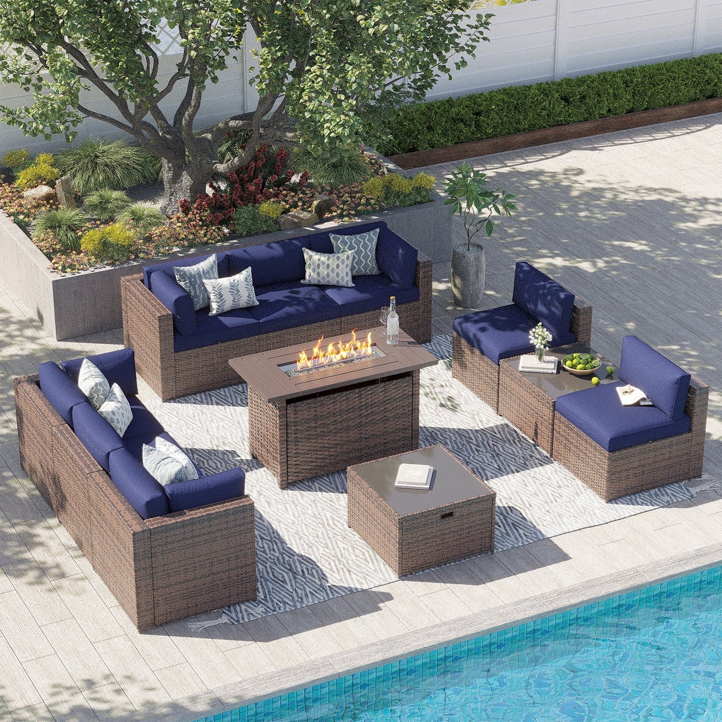 Clouddwell 11 Piece Patio Furniture Set with 44” Fire Pit Table Wicker Rattan Patio Conversation Set Outdoor Sectional Sofa Set with Coffee Table and Blue Cushions(Waterproof Cover Included)