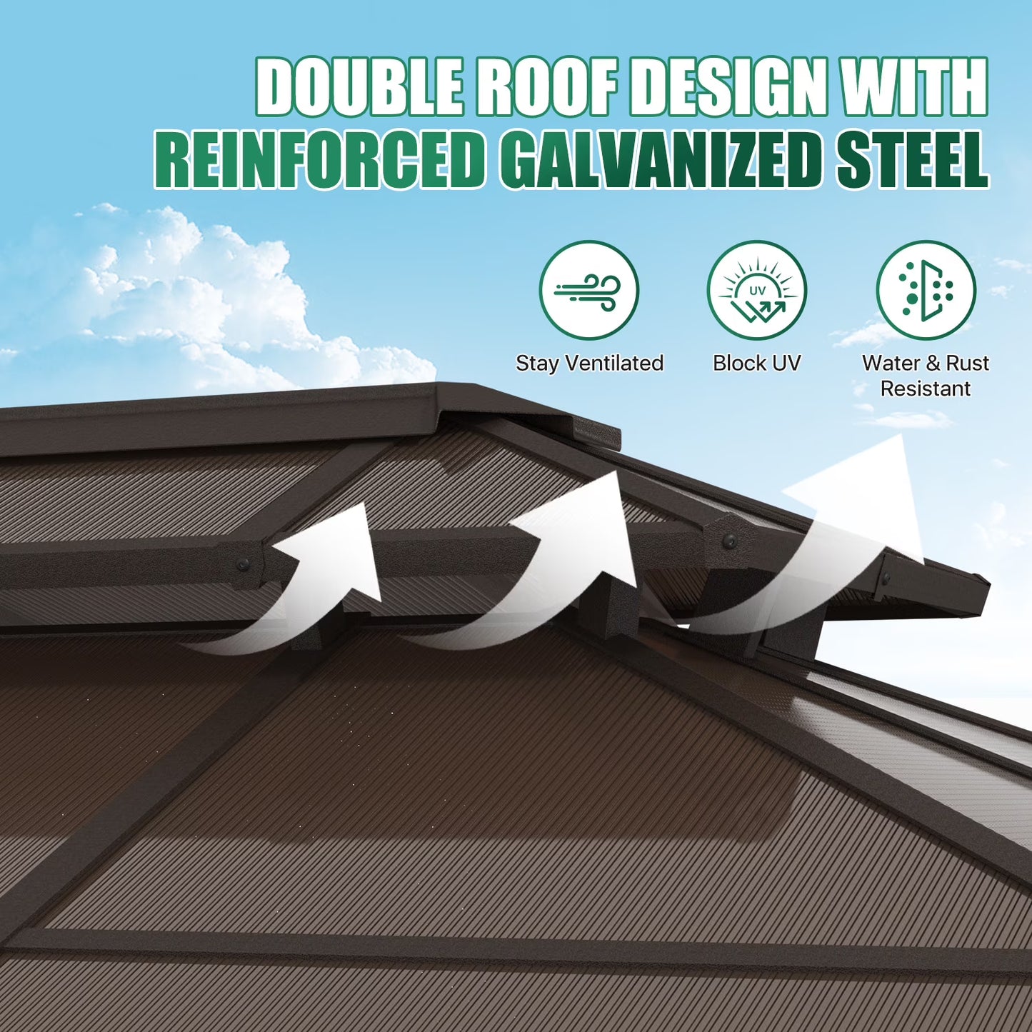 Clouddwell 12'*10' Wood Gazebo,with Double-Layer Galvanized Steel Roof,Suitable for Backyard,Desk,and Lawn