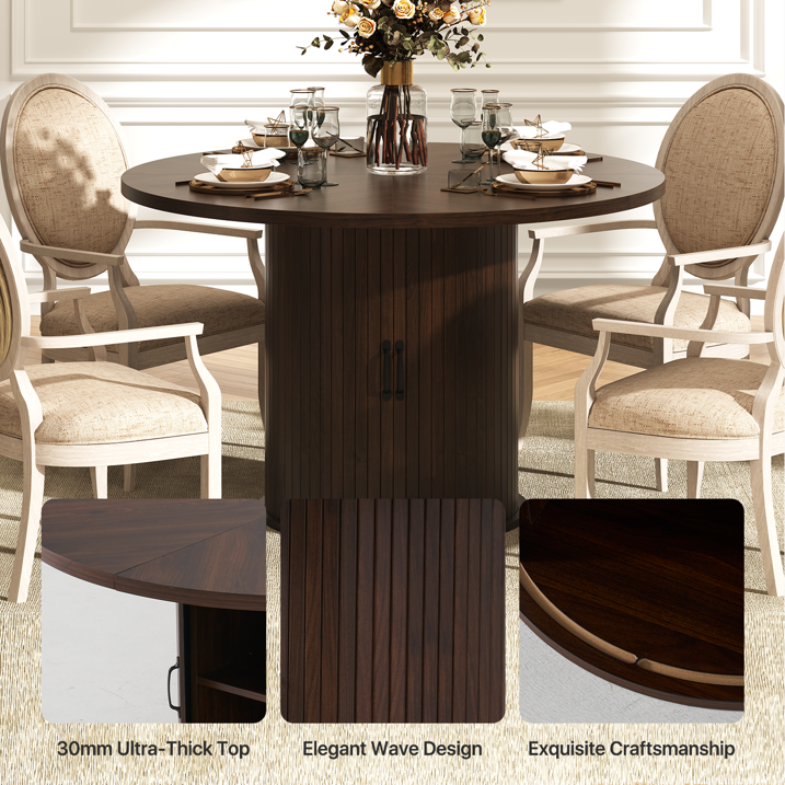 Sonegra 47-inch Round Dining Table with Storage, Modern Fluted Circle Kitchen Table with 2-Layer Storage and Sliding Door, for Kitchen Living Room, Brown