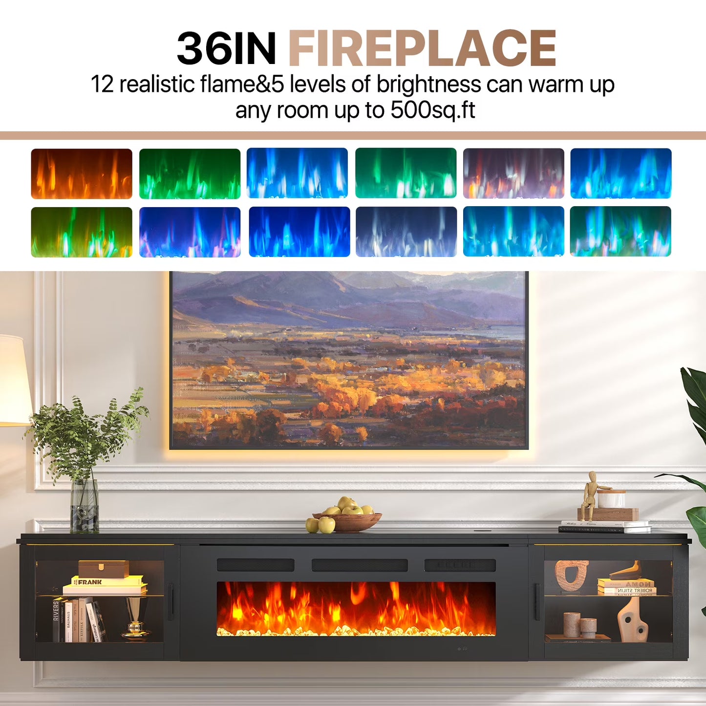 Sonegra Floating Fireplace TV Stand for TVs up 80", Wall Mounted Fireplace Entertainment Center, 70" Console Table with Electric Fireplace, Black, WI-FI Enabled