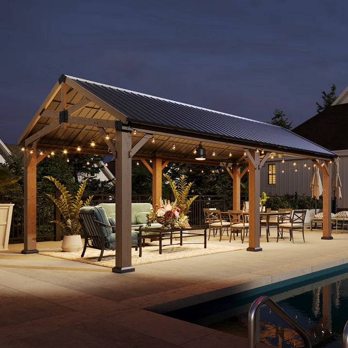 Sunmthink 12' x 20' Outdoor Wood Frame Gazebo, Hardtop Gazebo with Galvanized Steel, Permanent Wooden Pavilion for Patio Backyard Lawn Garden