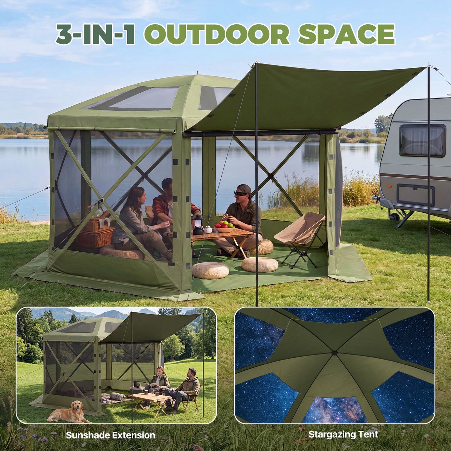 Clouddwell 15'x15' Outdoor Pop Up Gazebo, Screen Tent with Removable Top & Mosquito Netting, Camping Canopy Tent, Waterproof, UV Resistant, Portable Carry Bag, Green