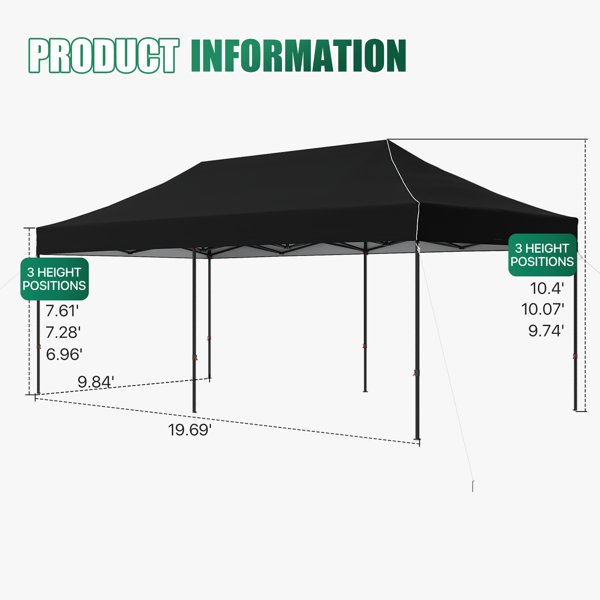 Dateyes 10x20FT Pop Up Canopy, Outdoor Canopy Tent with Carry Bag, Easy Setup Portable Instant Canopy with 4 Sandbags and 12 Stakes for Outdoor Events, Commercial, Beach, Backyard, Lawn, Black