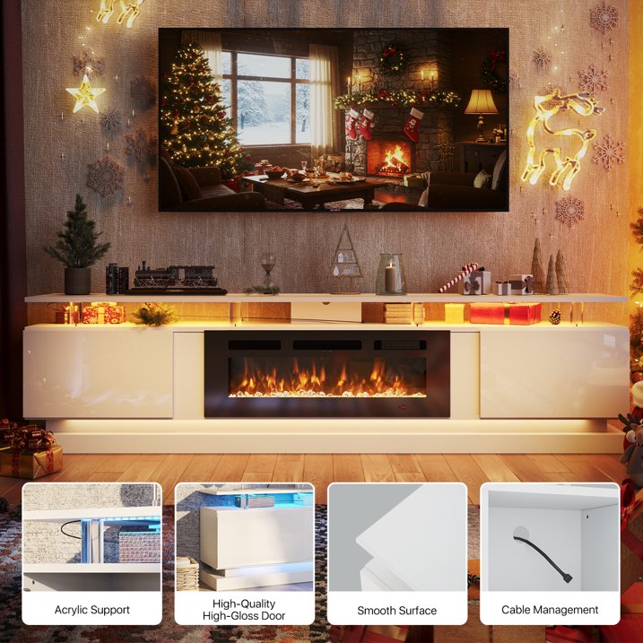 Sonegra Modern Fireplace TV Stand for TVs Up to 90" with Music Sync LED, 80" Entertainment Center with Electric Fireplace, TV Console with Storage Cabinets for Living Room, White