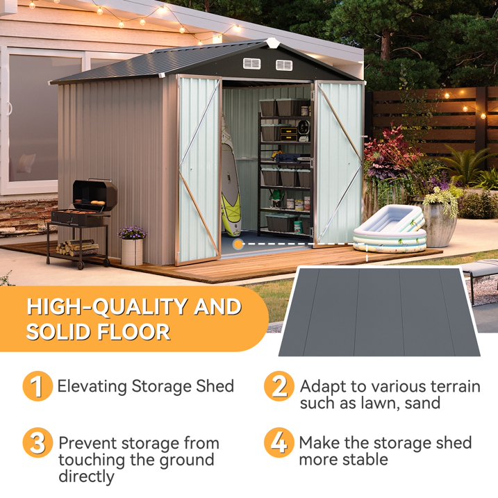 Sunmthink 6X8FT Outdoor Storage Shed with Plastic Floor, Metal Tool Shed with Lockable Door and Vents, Patio Shed for Garden, Backyard, Poolside, Brown